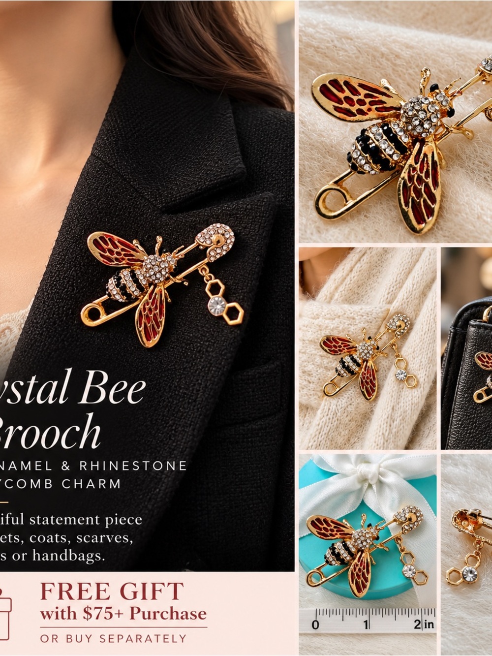 Crystal Bee Safety Pin Brooch – Red Enamel & Rhinestone Honeycomb Charm